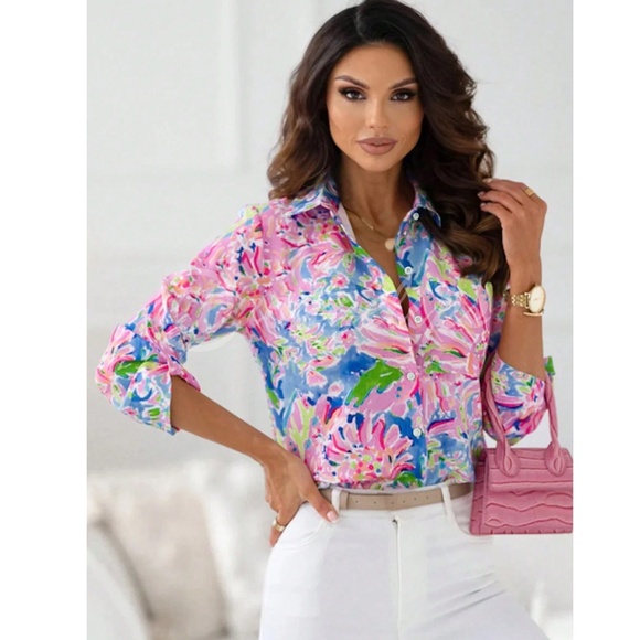 Floral Print Button Down Shirt Top Long Sleeve Collared Pink Blue Multicolor - Picture 2 of 8